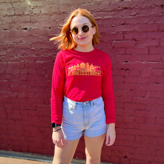 Kansas City Skyline – Long Sleeve Tee – Red and Gold